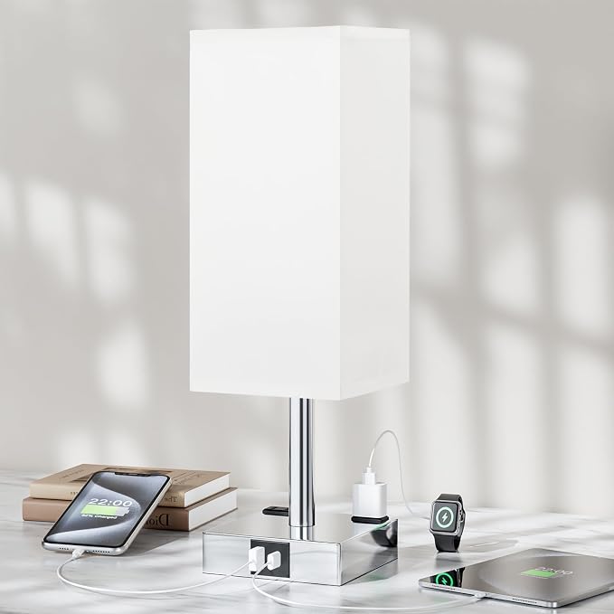 White Touch Table Lamp for Bedroom - Dimmable, USB C+A, 2 AC Outlets | 3-Way Dimming, 3000K Bulb Included, Square White Lampshade and Silver Base, Desk Lamp for Nightstand, Living Room, Dorm - Image 7