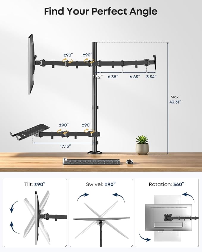 Dual Monitor and Laptop Desk Mount fits 17-32 Inch, Full Motion | Premium Matel, Extra Long Pole, 19.8 lbs Per Arm, Adjustable Stand, C-Clamp & Grommet, VESA 75/100 mm, Black - Image 5