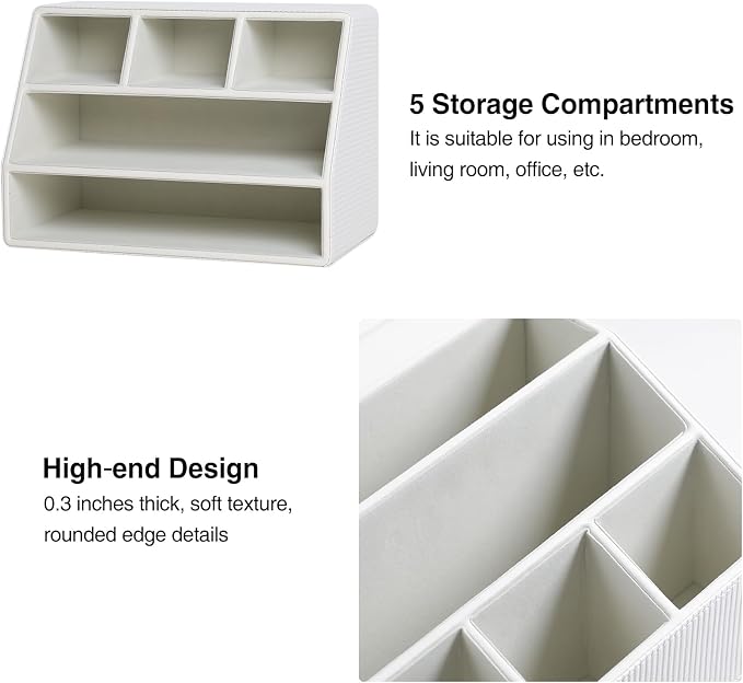 PU Leather Desk Organizer, Remote Control Holder, Ivory | Luxury Nightstand Organizer for Home, Office Desk Accessories, Bedside Table Caddy with 5 Compartments, Velvet Lining - Image 5