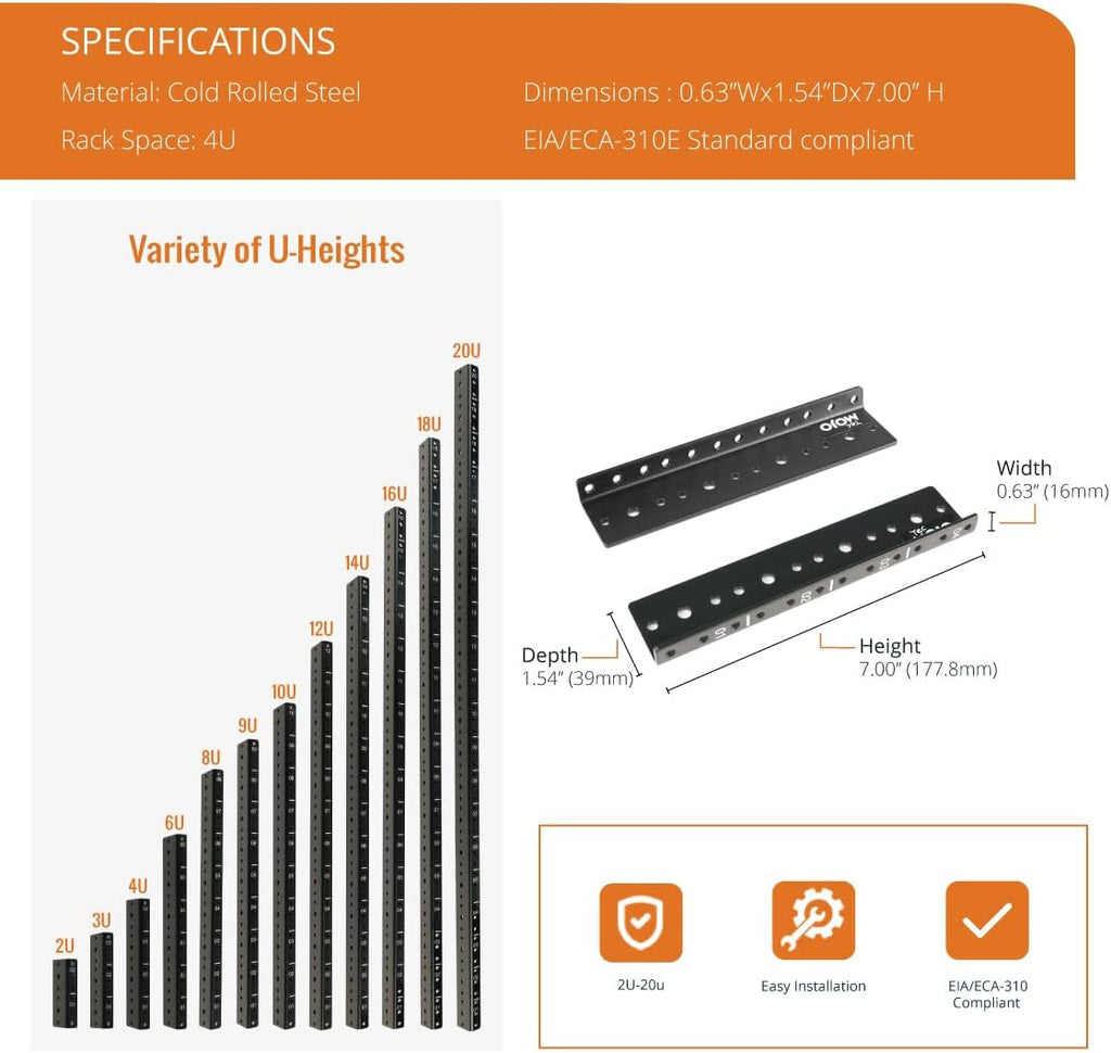 Tecmojo 4U Rack Rails with 12-24 Screws to Mount Equipment, Heavy Duty Steel Rack Rail Set, Black, Tapped Hole - Image 5