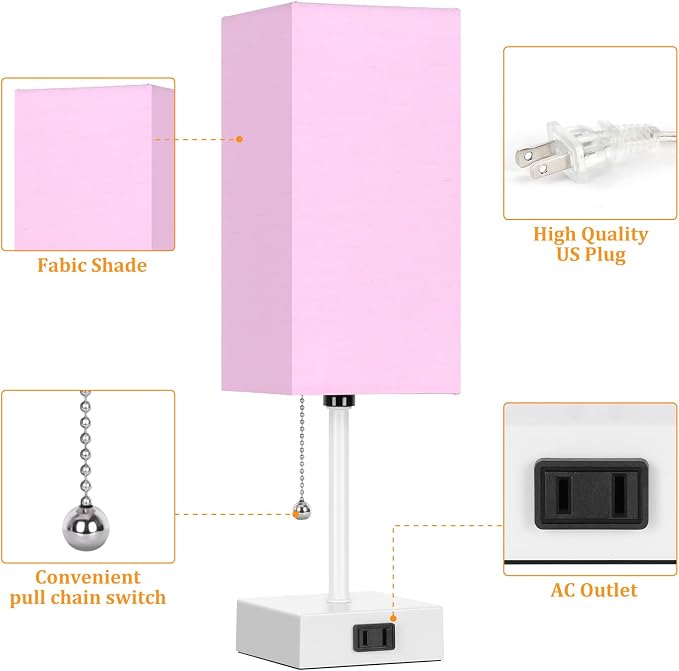 15'' Table Lamp for Bedroom set of 2,3-Color Bedside Lamps with Pull Chain | Table Lamps for Night stands ,Small Night Light Lamps with 2 Bulbs Lamps for Living Room Kids Room Office Decor（Pink+White） - Image 3