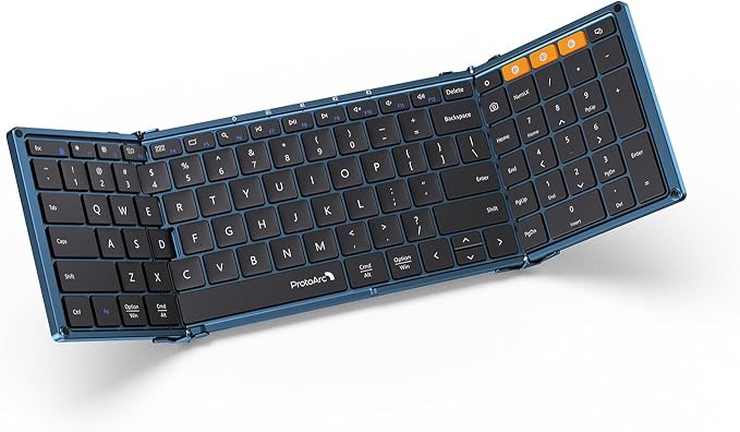 ProtoArc XK01 Full-Size Foldable Bluetooth Keyboard for Travel, Blue | 105 keys, number pad, 0.65in keycaps, 3-device Bluetooth 5.1 switching, USB-C charging, for laptop tablet phone by ProtoArc