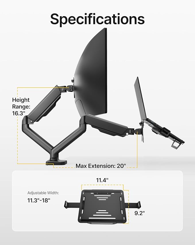 monTEK Dual Arm 2-in-1 Desk Mount, Laptop & Monitor, Fits 12–18" Laptops | Dual Arm Desk Mount with Ventilated Laptop Tray, Works for Laptop + Monitor,Full Motion Arm with Clamp/Grommet, 75/100 VESA - Image 9