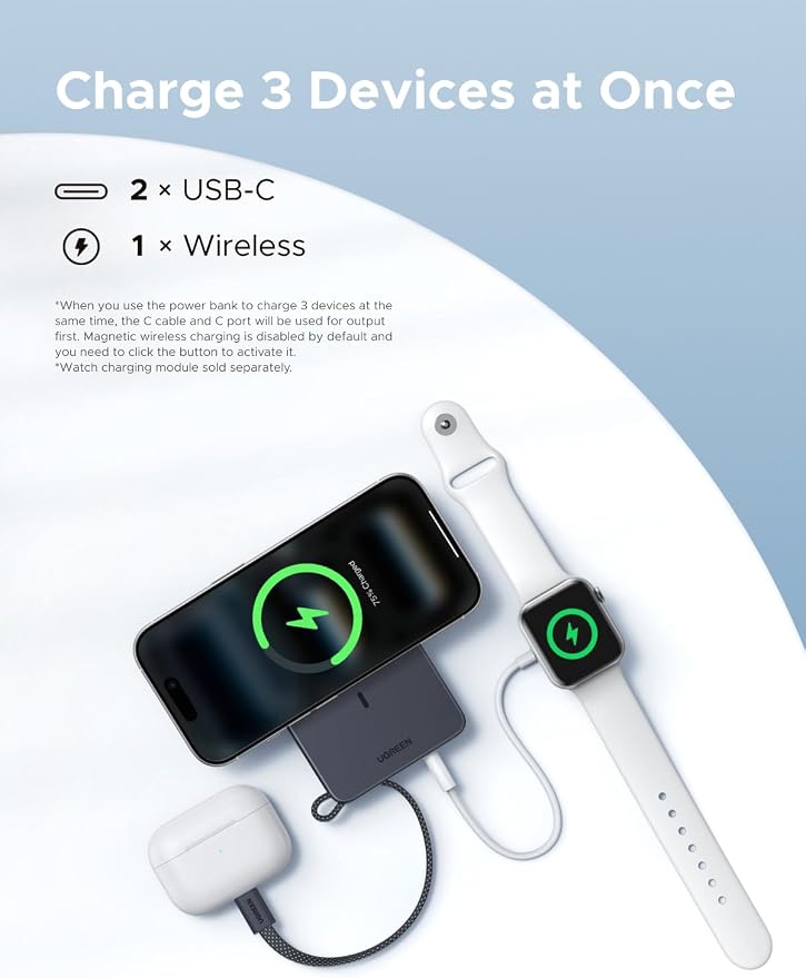 UGREEN MagFlow 10000mAh Qi2 25W Wireless Power Bank Built-in Cable | Qi2 25W wireless, built-in cable, 30W PD wired. MagSafe compatible. Grey. for iPhone 17/12 - Image 6