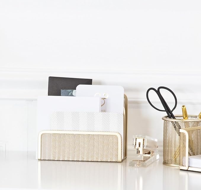 BLU MONACO | Gold Metal Mesh Mail Sorter Organizer Countertop | Paper Sorter for Desk with Three Tiers | Letter Organizer and Outgoing Mail Holder - Image 5