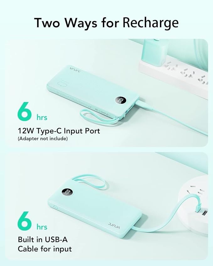 VRURC Portable Charger Power Bank, Built-in 4 Cables & 2 Ports 10000mAh | LED Display Slim Battery Pack,Compact Travel Essential Portable Phone Charger 5 Output for Multi Devices,Student/Teens(1Pack) - Image 6