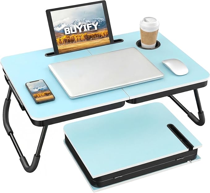BUYIFY 23.4" Foldable Lap Desk Bed Table with Cup Holder Tray Blue | Portable Folds Flat for Easy Storage, No Assembly Laptop Bed Desk, Sturdy and Lightweight, Patent Design by BUYIFY