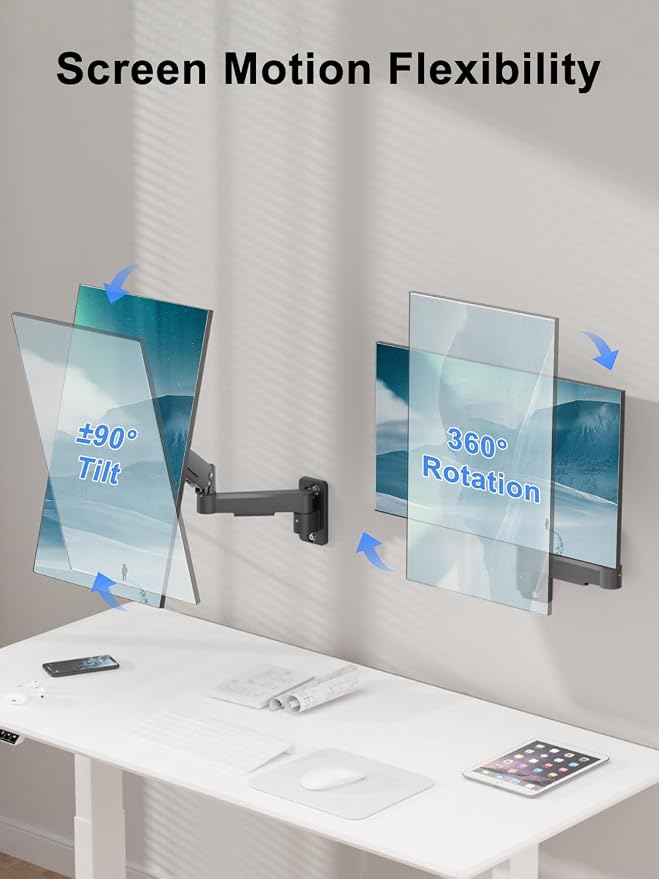 suptek Single Monitor Wall Mount for 17 to 32 Inch Screens, Gas Spring Monitor Arm Wall Mount Holds Up to 11KG/24lbs, Full Motion Adjustable,VESA Mount 75x75/100x100mm(WMX2) - Image 3