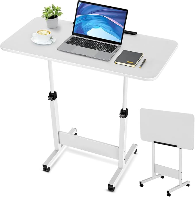 Tiltable Foldable Standing Desk Adjustable Height, Portable Computer Desk with Wheels, Mobile Sit Stand Small Rolling Laptop Table for Walking Pad, Bike Trainer, White by ZHIDIAN