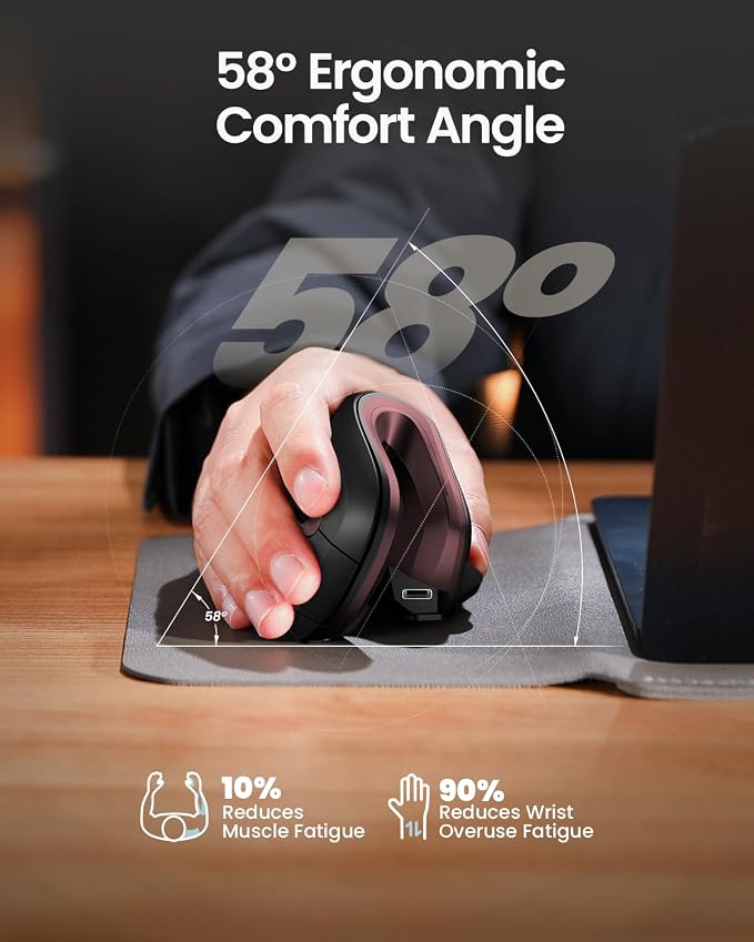 ProtoArc EM11 NL Wireless Ergonomic Vertical Mouse, Rechargeable, Wine Red | 58° vertical design supports a natural wrist posture, connect 3 devices via Bluetooth/2.4G USB-A, 500mAh USB-C rechargeable. - Image 7