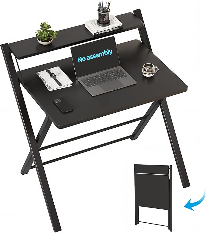 GreenForest Folding Desk No Assembly, Sturdy Computer Desk for Small Spaces | Portable Foldable Table for Laptop, 2-Tier Compact with Shelf, Space Saving for Home Office, Dorm, Apartment, 27"x 22" Black by GreenForest