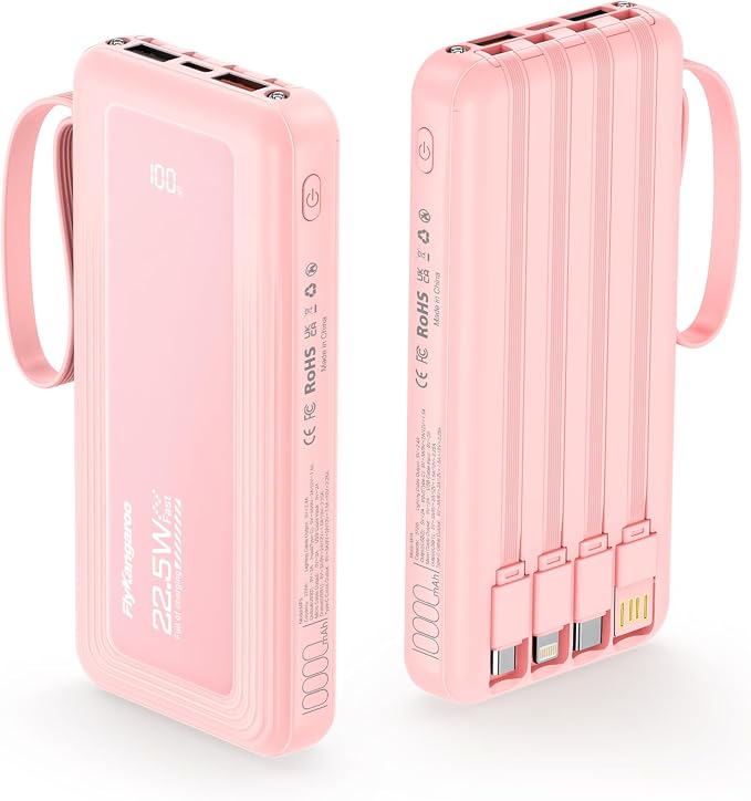 Portable Charger with Built in Cables, Slim 10000mAh Fast Charging 22.5W Power Bank USB C LED Display Battery Pack 6 Outputs & 2 Inputs for iPhone Samsung Pixel LG Moto iPad by FlyKangaroo