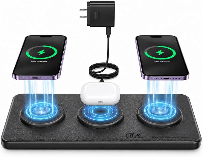 3 in 1 Magnetic Wireless Charger Pad for iPhone 17/16/15/14/13/12 Series, Fast Wireless Charging Station for AirPods 4/3/2 Pro, Raised Charging Pods Design, Magnetic Charging Mat with 24W Adapter by JEMakeITSimple