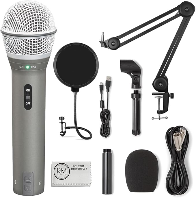 SAMSON Technologies Q2U USB/XLR Dynamic Microphone Recording and Podcasting Pack | Gray Bundled with Pop Filter + Mic Arm + Microfiber Cleaning Cloth (4 Items) by Samson