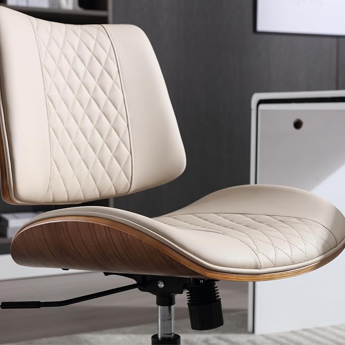 Home Office Chair No Arms with Wheels, Adjustable Height Small Desk Chair, PU Leather Mid Back 360 Swivel Computer Chair, Armless Modern Walnut Chair for Office, Reading Meeting Room(Beige) | Adjustable Height Small Desk Chair, PU Leather Mid Back 360 ... - Image 3