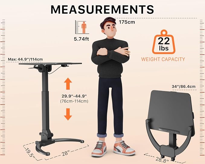 JOY worker Foldable Standing Desk, 90° Tilt Height Adjustable Desk, Black | MDF Tiltable Desktop, Height Adjustable, Collapsible Low Base with Hidden Wheels, Non-Slip Mat, Holds 22lbs, for Home Office - Image 2
