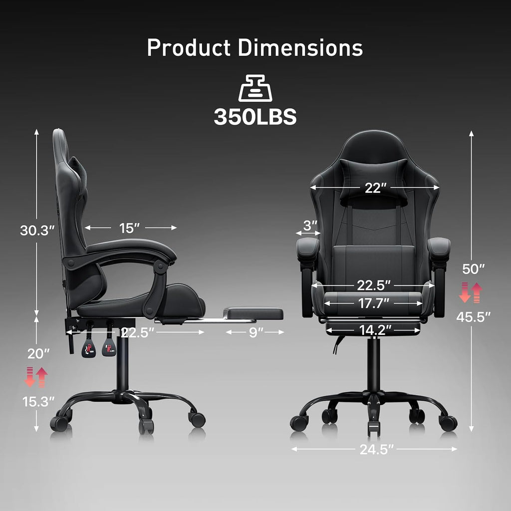 Gaming Chair, Footrest & Lumbar Support, Height Adjust, Black - Image 3