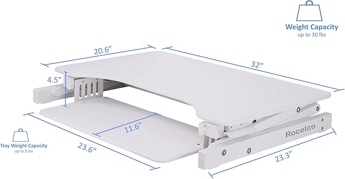 Rocelco 32" Height Adjustable Standing Desk Converter - Quick Sit Stand Up Dual Monitor Riser - Gas Spring Assist Tabletop Computer Workstation - Large Retractable Keyboard Tray - White (R ADRW) - Image 3