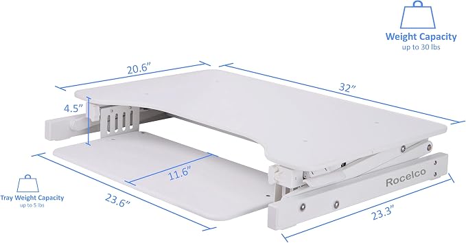 Rocelco 32" Height Adjustable Standing Desk Converter with Anti Fatigue Mat BUNDLE | Sit Stand Up Dual Monitor Riser | Computer Workstation | Large Retractable Keyboard Tray | White (R ADRW-MAFM) - Image 3