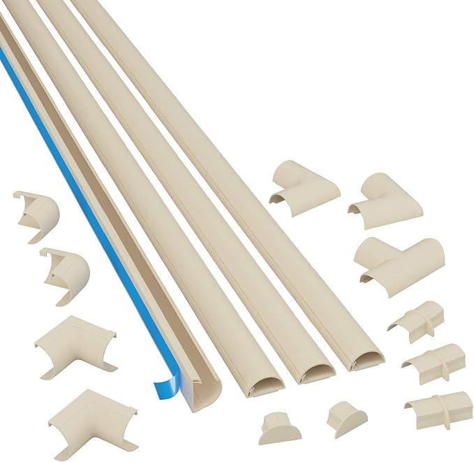 D-Line 13.12ft Cord Hider Kit, Patented Cable Cover, Hide Wires on Wall, Channel for TV Mount Cords, Raceway Wire Hiders, Paintable, Adhesive, Half Round, 4X 0.78in W x 0.39in H x 39in Lengths, Beige by D-LineUSAinc