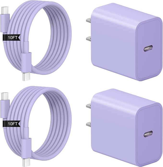 iPhone 17 16 15 Charger Fast Charging 2+2Pack 20W USB C Wall Charger with Extra Long 10FT Fast Charging Cable Compatible with iPhone 17/17 Air/17 Pro/17 Pro Max/iPhone 16/15 Series, iPad Pro -Purple by Coreykin