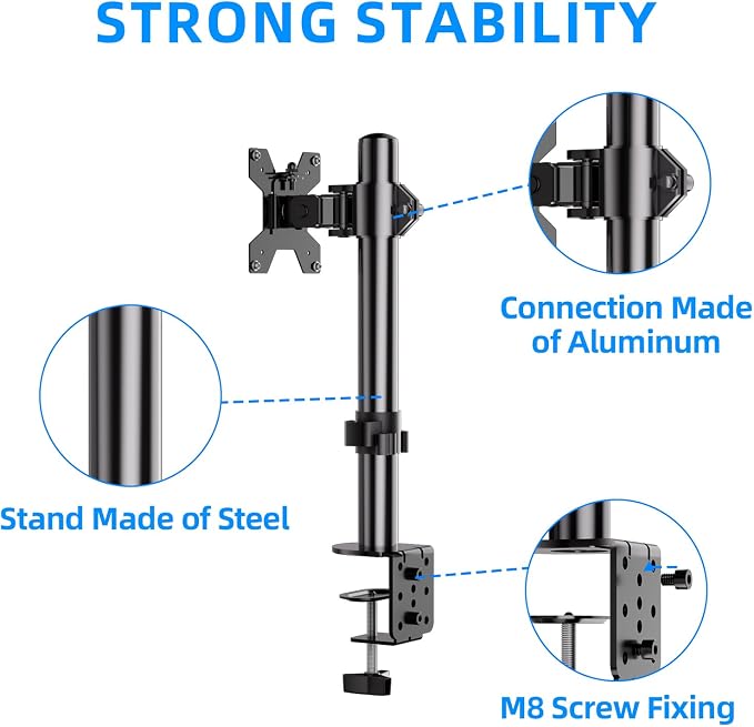 H&C(hcck&Cllassp) Single Monitor Stand for 13-27" Monitors up to 17.6lbs, Adjustable Heights and Angles Monitor Arm, Desk Mount Stand with C-Clamp, VESA 75x75mm or 100x100mm, Black - Image 7