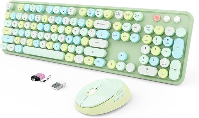 Wireless Keyboard and Mouse Combo, Ergonomic Full Size Typewriter Retro Round Keycaps Keyboard, Compatible with Windows, PC, Perfer for Home and Office Keyboards (Green by SkyGive