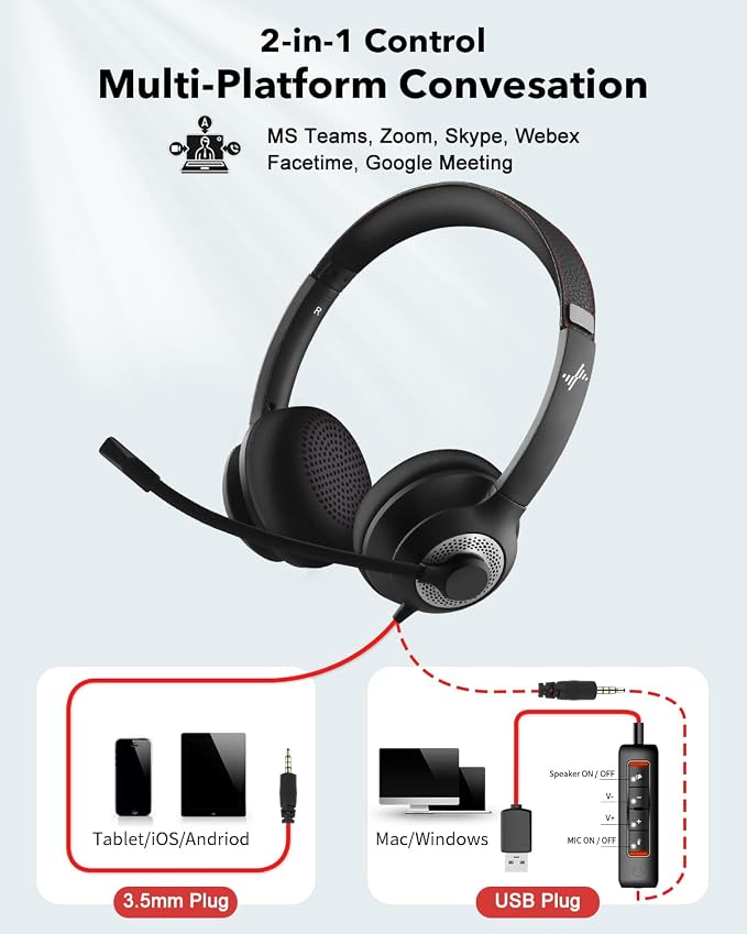 JIAMQISHI USB Headset with Microphone for PC, On-Ear Computer Laptop Headphones with Noise Cancelling Microphone in-line Control for Home Office Online Class Skype Zoom (USB+3.5mm, Black) - Image 5