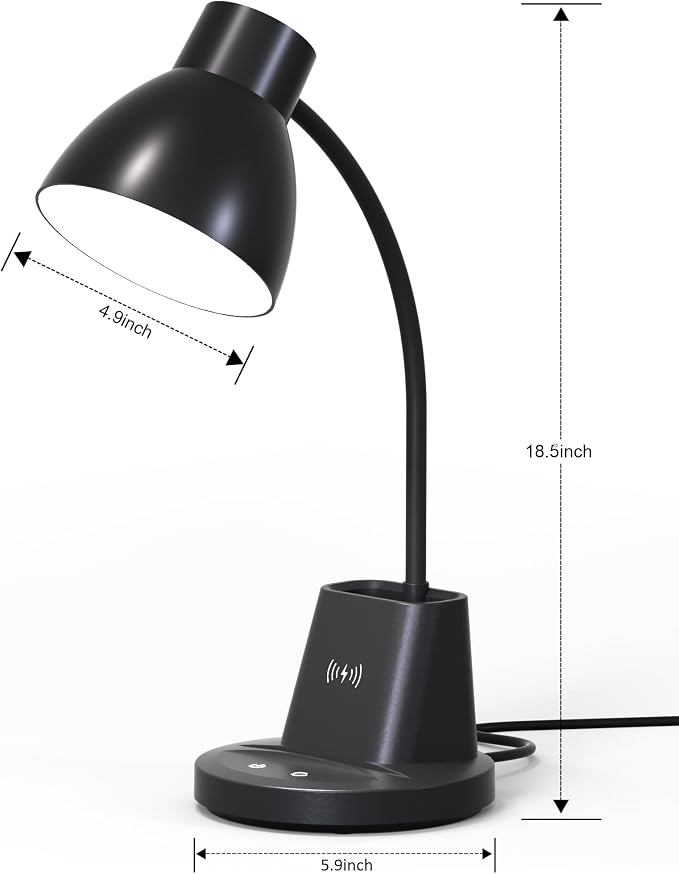 10W Wireless Charging LED Desk Lamp with Pen Holder, CRI 95, Black | 800LM, 3 Modes, 360°Flexible Arm, Touch, Brightness, Table Lamp for Home Office, Dorm, Bedside, Study, Reading, with Adapter - Image 9