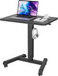 BONTEC Mobile Standing Desk Adjustable Height,Rolling Laptop Cart with Hook | Portable Workstation with Pneumatic Lift, Ergonomic Table with Wheels, Compact Home Office Desk, Black 25.6" x 17.7" by BONTEC