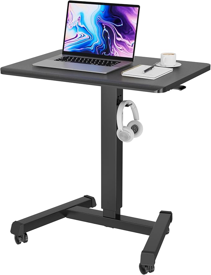 BONTEC Mobile Standing Desk Adjustable Height,Rolling Laptop Cart with Hook | Portable Workstation with Pneumatic Lift, Ergonomic Table with Wheels, Compact Home Office Desk, Black 25.6" x 17.7" by BONTEC