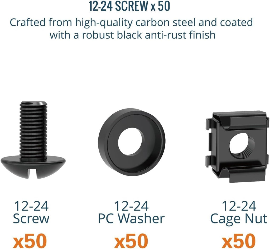 Tecmojo Rack Mount Screws Kit 50 Pack - 12-24 Rack Mount Cage Nuts, Screws and Washers, for Network Racks, Enclosures and Server Cabinets, Tapped Hole and Square Installation - Image 2