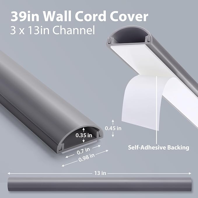 ZhiYo 39in Cord Covers for 1-2 Wires on Wall, 1" W x 0.4" H, Grey | Curved Design, Low-Profile Cord Hider, Self-Adhesive Cable Management Raceway for Wall-Mounted TV Wires,3 Pack (13" Each) - Image 2