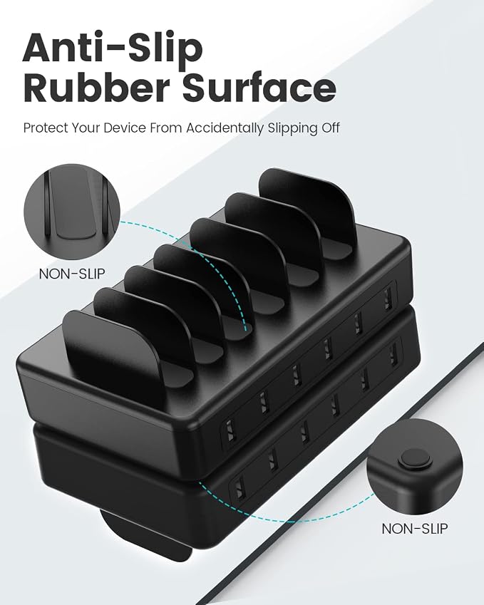 50W 6 Ports Multi Charger Station, USB Charging Dock for Multiple Devices | with 6 Cables, 1 USB-A to USB-C Adapter Converter, Compatible with Cellphone iPad Kindle Tablet and Other Electronic Devices - Image 6