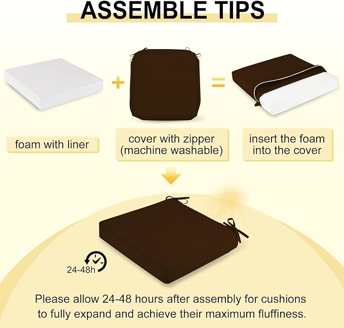 downluxe Waterproof Outdoor Chair Cushions Set of 4, 19" x 19" x 3" Patio Chair Cushion with Non-Slip Ties & Handle, Square Outdoor Cushion for Patio Furniture with Removable Cover, Brown - Image 7