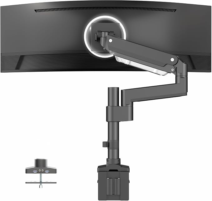 VIVO Premium Aluminum Tall Extended Monitor Arm for Ultrawide Monitors up to 49 inches and 33 lbs, USB Single Desk Mount Stand, Pneumatic Height Adjust, Max VESA 100x100, Black, STAND-V101GTU by Unknown