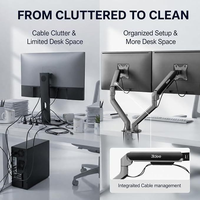 3IDEE FlexiLite Dual Monitor Arm Desk Mount for 17-32" Screens, Holds up to 20 lbs per Monitor, Slim Aluminium Design, Fully Adjustable, Quick Box to Desk Setup, Clamp/Grommet Base, VESA 75/100 - Image 7