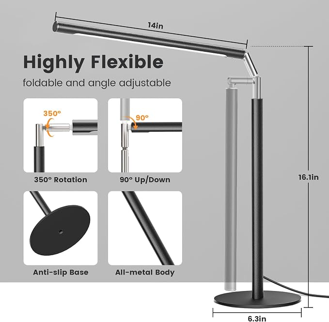 Metal LED Desk Lamp, 16" Dimmable Desk Light with Base, 15W 1200LM, Adapter Included, Color & Brightness Adjustable, Modern Tall Table Lamp for Home Office Reading Study Task Laptop, Black - Image 3