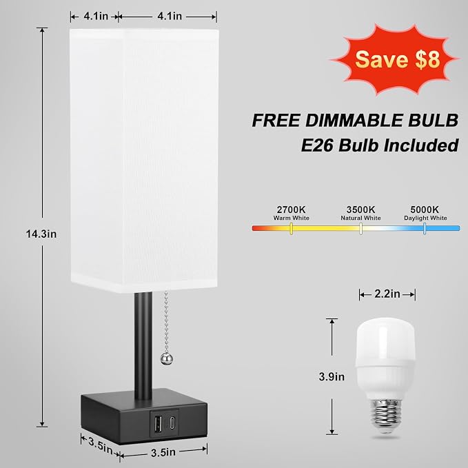 White Small Table Lamp for Bedroom - 3 Color Temperature 3000K 5000K 4000K Bedside Lamp, Pull Chain Control, USB A and C Charging Ports, Black Base, for Kids Office Dorm Nightstand, Bulb Included | Pull Chain Lamp, 3 Color Modes(3000K/4000K/5000K), E26... - Image 5