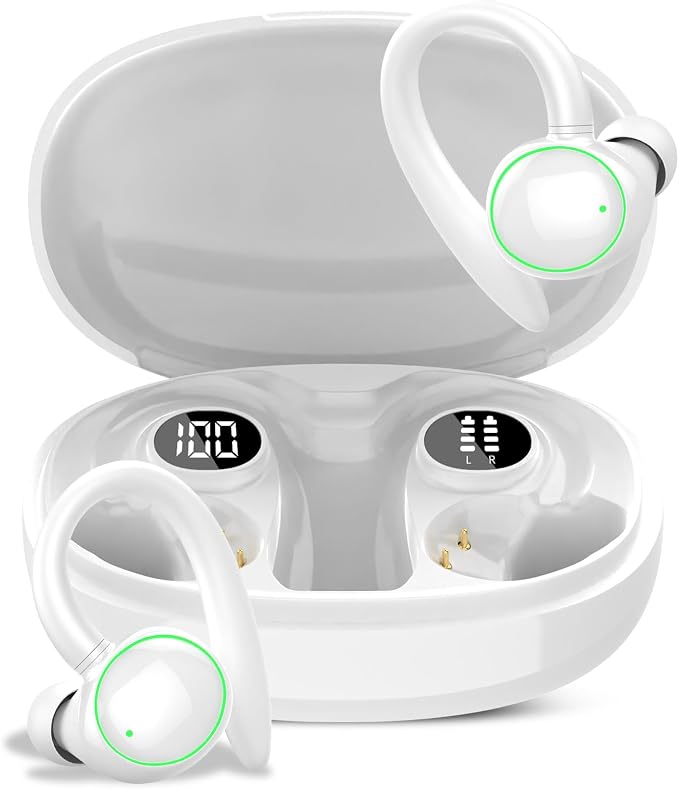 Wireless Earbuds, Bluetooth 5.4 Headphones Sport Over Ear Buds With ENC Mic | ENC Noise Cancelling Mic, 48H, Wireless Earphone With Earhooks, Stereo Deep Bass, IP7 Waterproof Headset for Workout, White by PEFUPEW