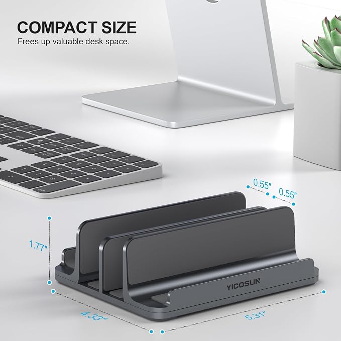 YICOSUN 4-Slot Aluminum Vertical Laptop Stand for Desk - Adjustable Width Dock for MacBook, Surface, Samsung, HP, Dell up to 17.3 inches - Space-Saving & Protective Design - Gray - Image 6