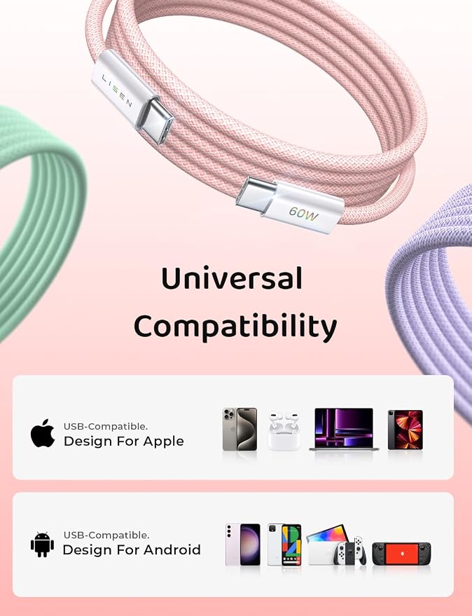 LISEN USB C Cable, 3-Pack [3.3/3.3/3.3FT] USBC to USBC Cable for iPhone 16e 15 Pro Max Charger Cord, 60W (3.1A) C to C Cable Fast Charging for Samsung S25/S24/23, Switch 2, iPad, MacBook - Image 6