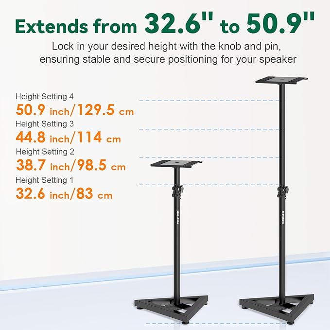 Vondynote Pair Studio Monitor Stands 32.6"-50.9" Base Floor Speaker Stands | Adjustable Height, Heavy Duty, Three Point Triangle Base, Floor Speaker Stands - Image 3