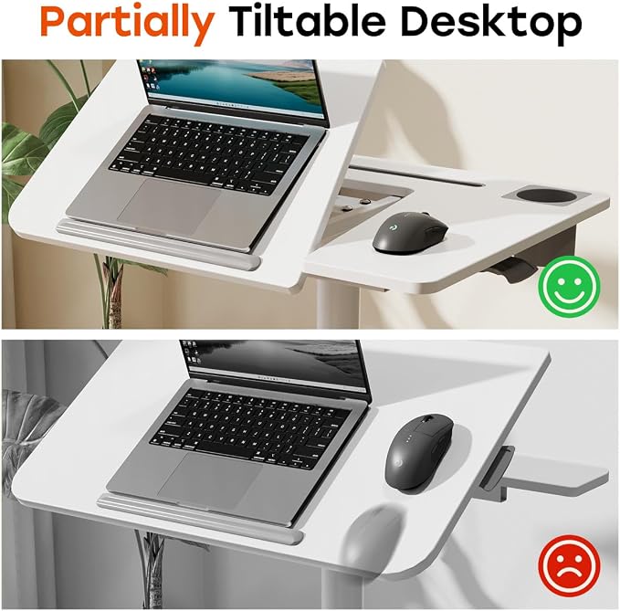 JOY worker Mobile Standing Desk, 60° Tiltable Rolling Laptop Desk, White | Pneumatic Height Adjustable Cart, Portable Sit Stand Desk with Wheels & Cup Holder for Office Home School, Holds Up to 22lbs - Image 3