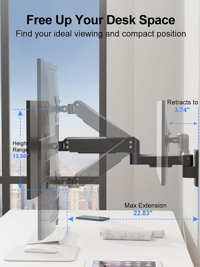 suptek Single Monitor Wall Mount for 17 to 32 Inch Screens, Gas Spring Monitor Arm Wall Mount Holds Up to 11KG/24lbs, Full Motion Adjustable,VESA Mount 75x75/100x100mm(WMX2) - Image 5