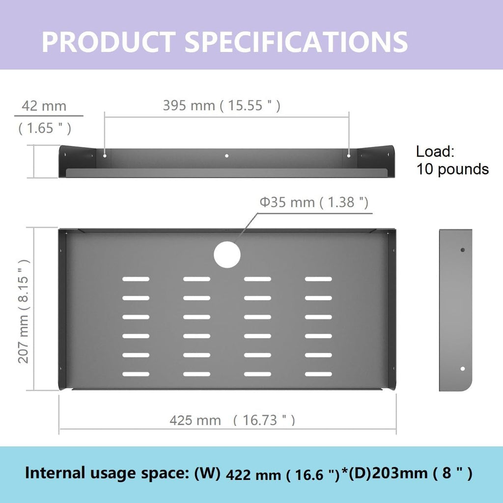 Metal Floating Wall Mounted Shelf Bracket for AV, TV Accessories, WiFi Router, TV Box, Cable Boxes, DVD Player, Games Consoles or Other Small Projectors (16.6 inches Width) (Pack of 2) - Image 2