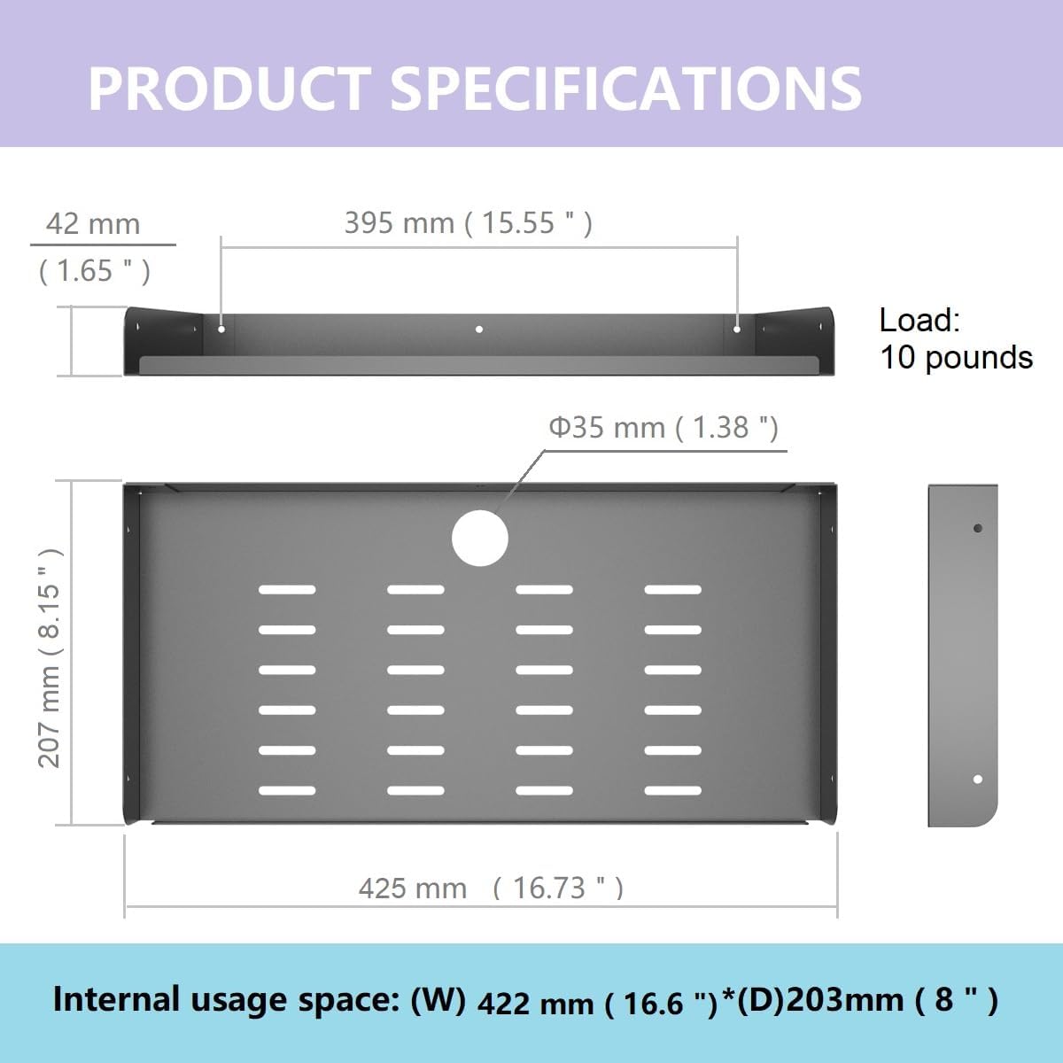 Metal Floating Wall Mounted Shelf Bracket for AV, TV Accessories, WiFi Router, TV Box, Cable Boxes, DVD Player, Games Consoles or Other Small Projectors (16.6 inches Width) (Pack of 2) - Image 2
