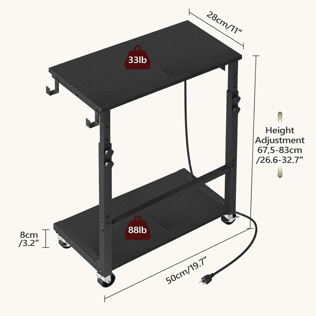 MAHANCRIS Side Table with Charging and Hooks, Rolling Couch Table, Black - Image 3