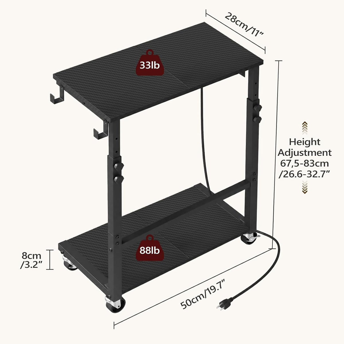 MAHANCRIS Side Table with Charging and Hooks, Rolling Couch Table, Black - Image 3