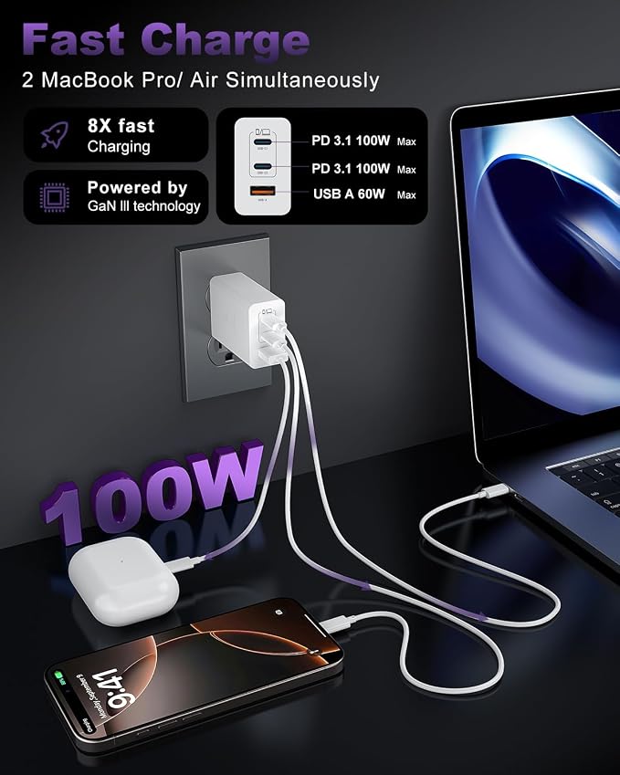 USB C Charger Block 100W, 3-Port GaN Super Fast Phone Charger, Type C 65W Laptop Chargers with 10ft USB C Charging Cable for MacBook Pro/Air,iPad Pro, iPhone 17/16/15Pro, S26 Ultra/S25/S24-Black+White - Image 3